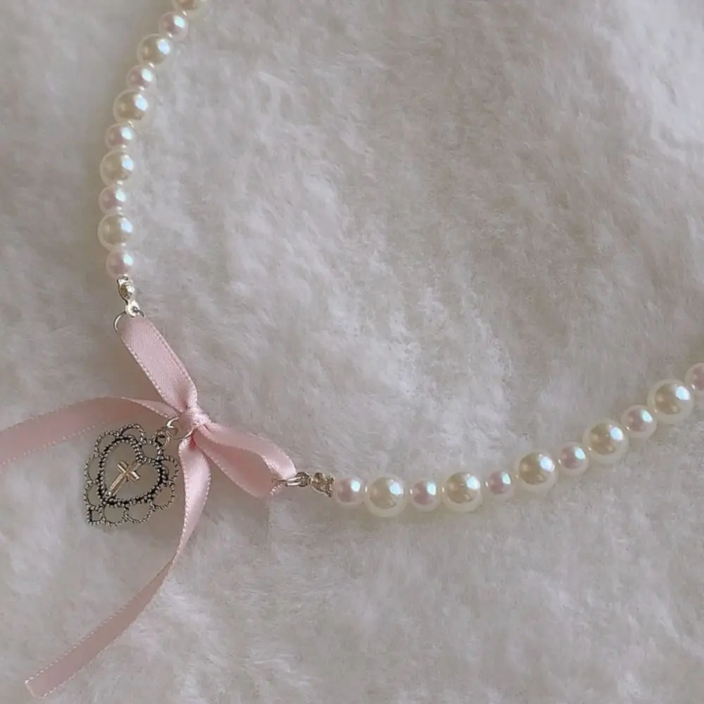 Romantic Imitation Pearl Sweet Bow Pendant Necklace - Image 5